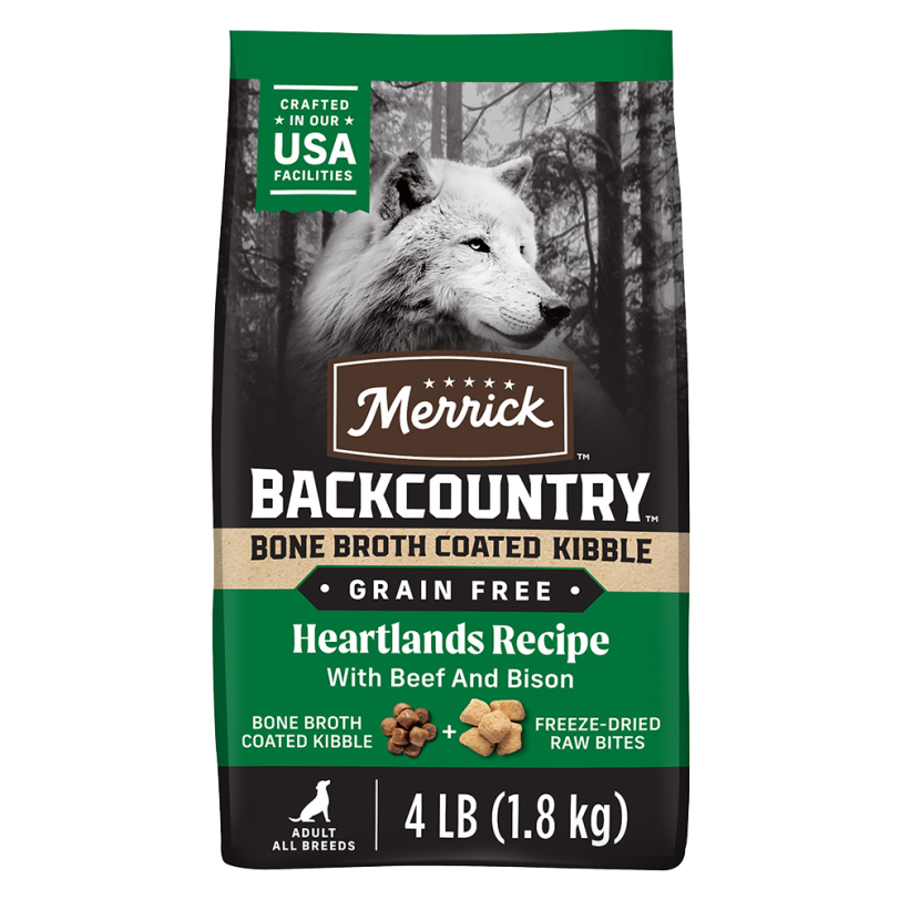 Merrick Grain Free Backcountry Bone Broth Coated Kibble Heartlands Recipe With Beef and Bison Dog Food front of package