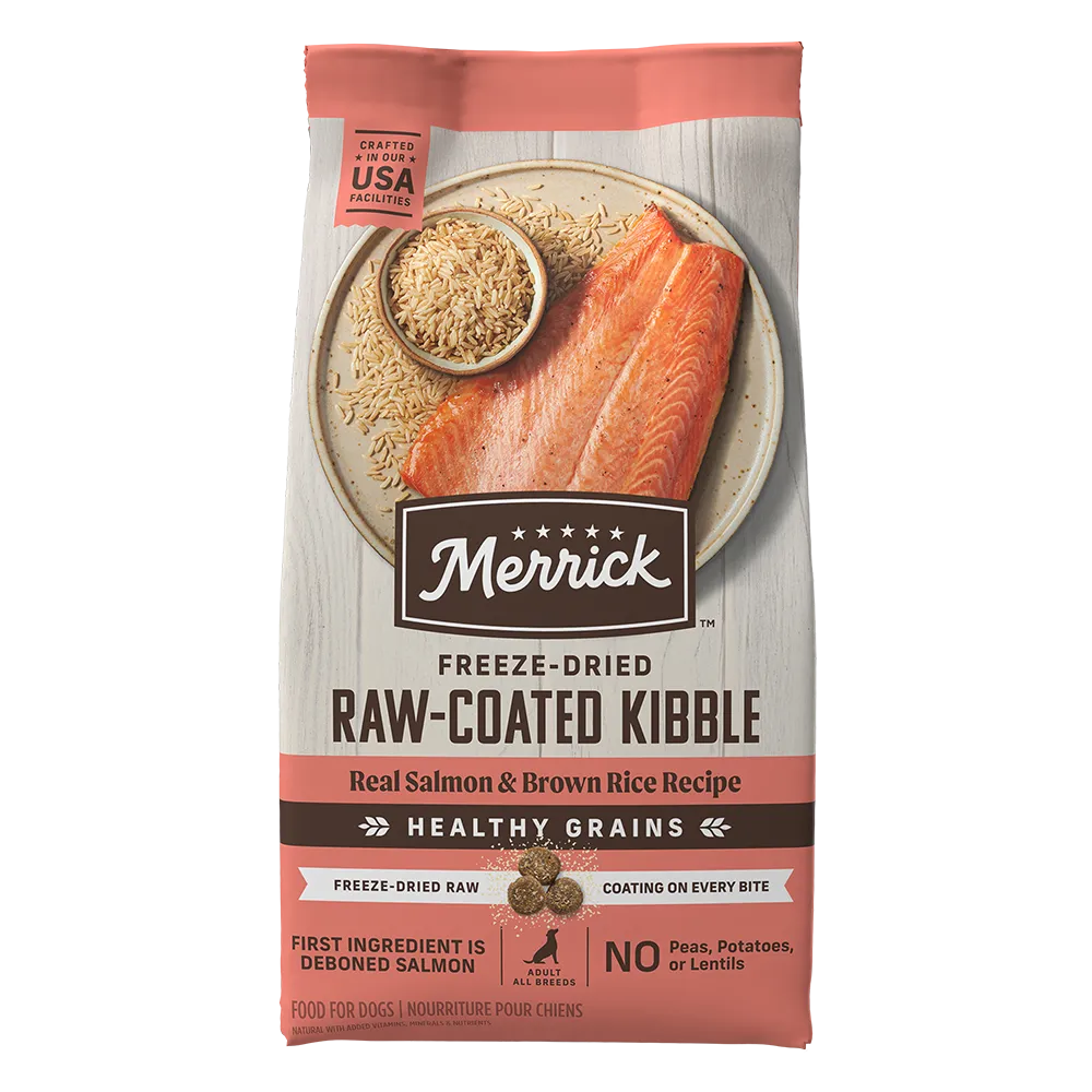 Healthy Grains Freeze-dried Raw-coated Kibble Real Salmon + Brown Rice Recipe - Front of bag
