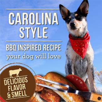 Dog and BBQ meats with text that says “Carolina Style BBQ inspired recipe your dog will love” as well as a violator that says “Delicious flavor & smell.” 