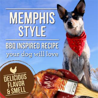 Dog and BBQ meats with text that says “Memphis Style BBQ inspired recipe your dog will love” as well as a violator that says “Delicious flavor & smell.” 