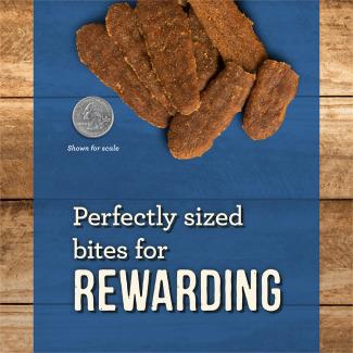 Slow-Cooked BBQ Memphis Style oval dog treats next to a quarter for scale on a blue background with text that says “Perfectly size bites for rewarding.” 