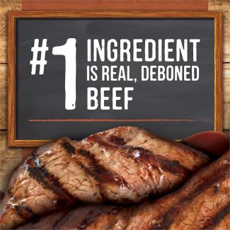 Blackboard that says “#1 ingredient is real deboned beef” and a picture of cooked beef with BBQ sauce. 