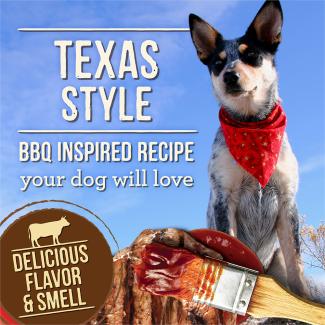 Dog and BBQ meats with text that says “Texas Style BBQ inspired recipe your dog will love” as well as a violator that says “Delicious flavor & smell.” 