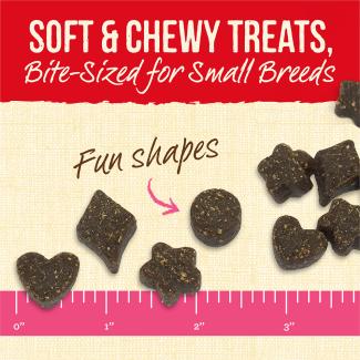 Lil’ Plates Beef dog treats of various shapes next to a ruler for size and text that says “fun shapes” and a red banner of text that reads “Soft & Chewy Treats, bites-sized for small breeds.” 