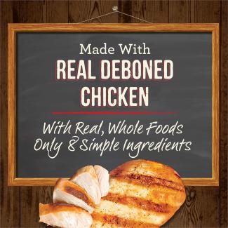 Cooked chicken and a chalk board with the words “Made with real deboned chicken. With real, whole foods. Only 8 simple ingredients.” 