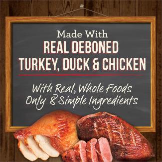 Cooked beef and cooked duck and a chalk board with the words “Made with real deboned turkey, duck & chicken. With real, whole foods. Only 8 simple ingredients.” 