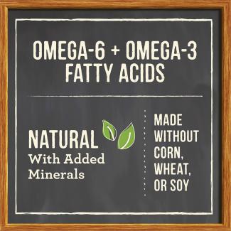 Chalkboard says “Omega-6 and Omega-3 fatty acids. Natural with added minerals. Made without corn, wheat, or soy.” 