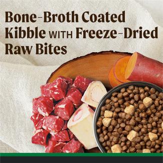 Bone-broth coated kibble with freeze-dried raw bits